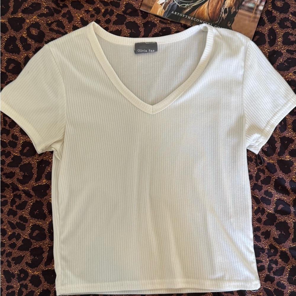 Olivia Rae Cream Ribbed V-Neck Short Sleeve Tee